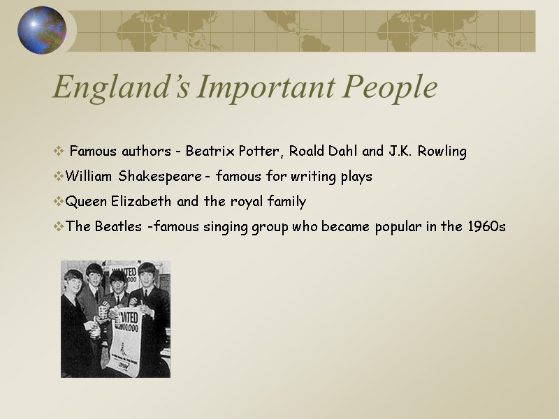 England’s Important People     Famous authors - Beatrix Potter, Roald Dahl